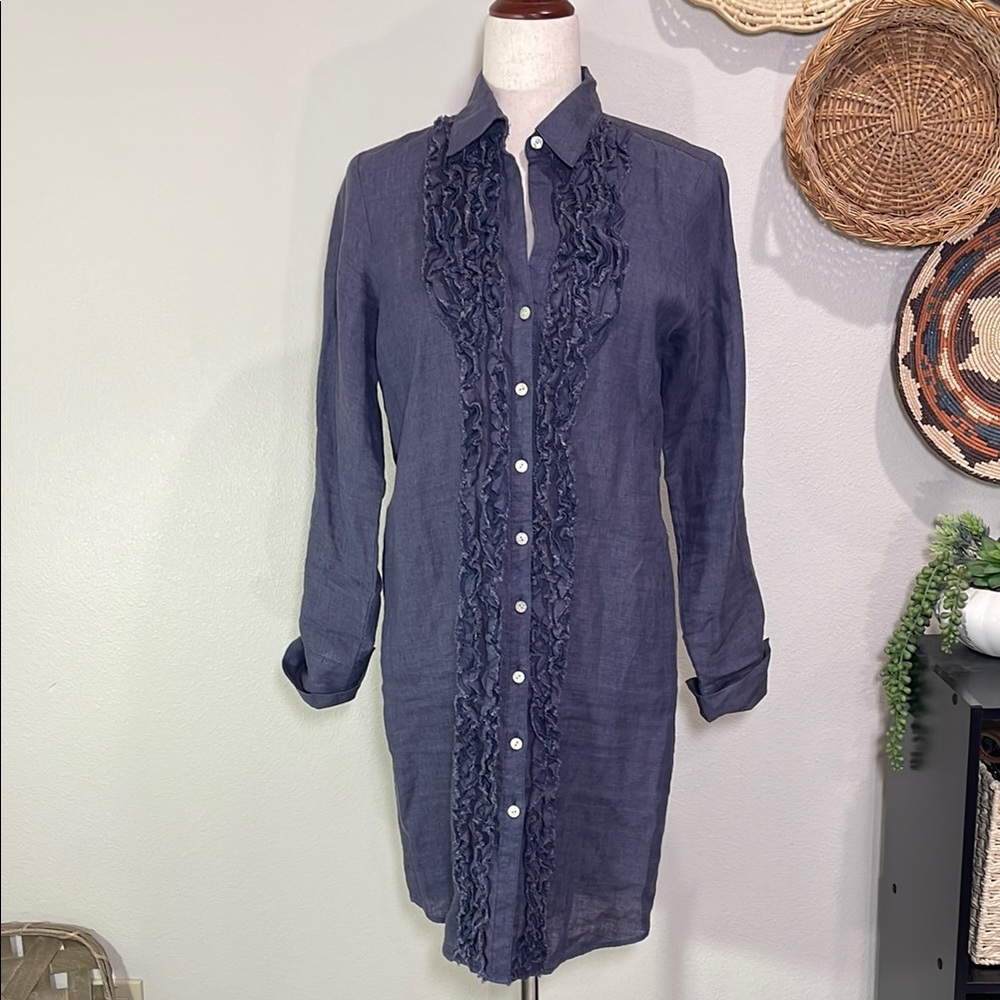 Paperwhite 100% Linen Button Down Ruffle Dress Blue Size 04